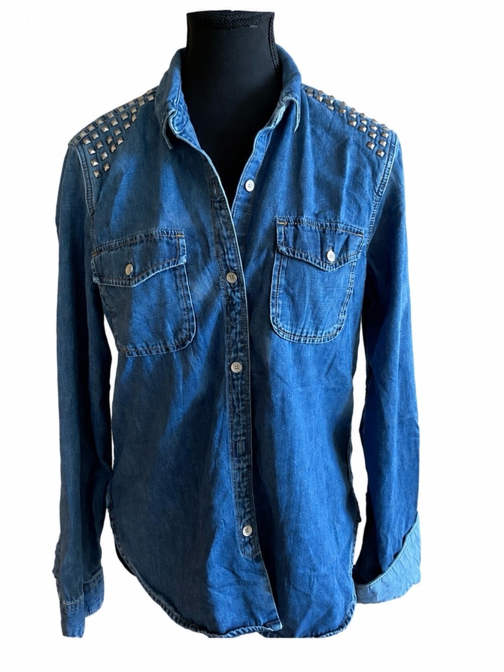 GAP 969 Blue Denim Shirt with Studded Shoulder Detail Size S